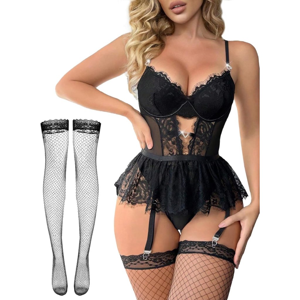 Women Lingerie Set Naughty Lace Bodysuit High Waisted Underwire Lingerie Babydol